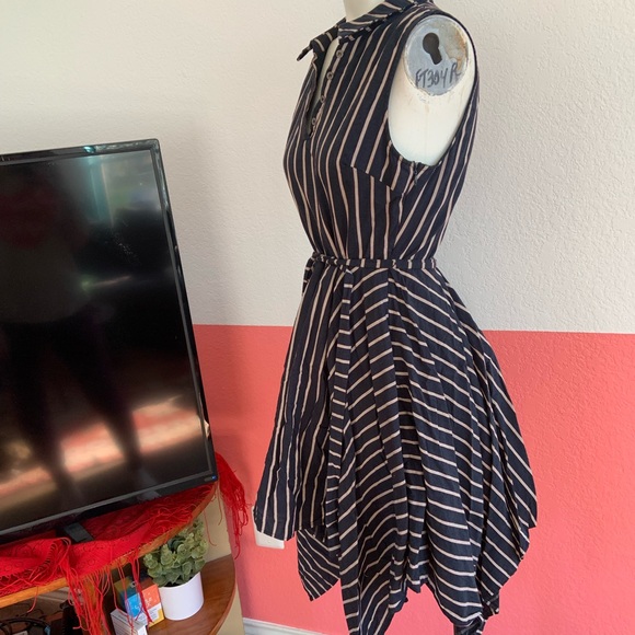 Doe and Rae Striped Navy Dress with Handkerchief Hem and Tie Waist (size Small) - Picture 2 of 4